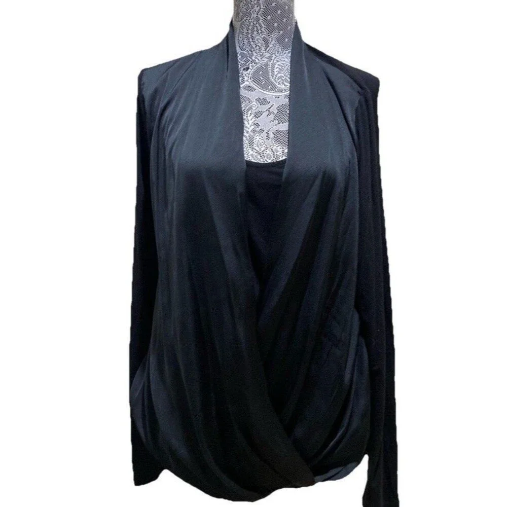 Michael Kors Women L Black Draped Crossover Blouse L/S Surplice Wrap Shirt Top
